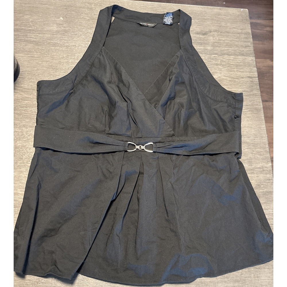 New York And Company Black Sleeveless Blouse Gold Belt Pleated Peplum‎ SIZE 18